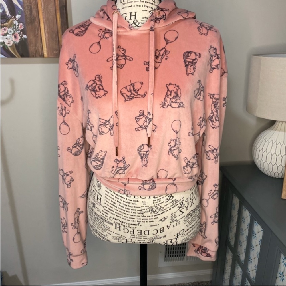 801 Disney Winnie the Pooh x Primark Cares Velour Pink Plush Fleece Crop Hoodie - Picture 3 of 11